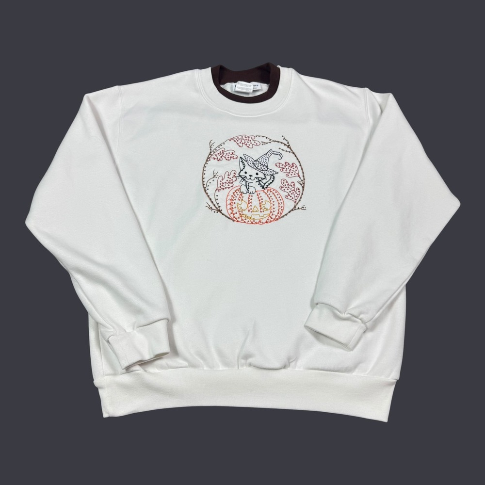 Vintage 2000s Country Store Kitten Halloween Pumpkin Sweatshirt Women's Large